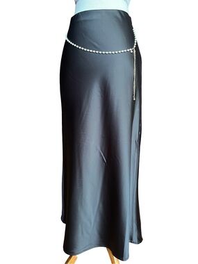 Rachel Zoe Black Satin Midi Skirt with Pearl Chain Fits M